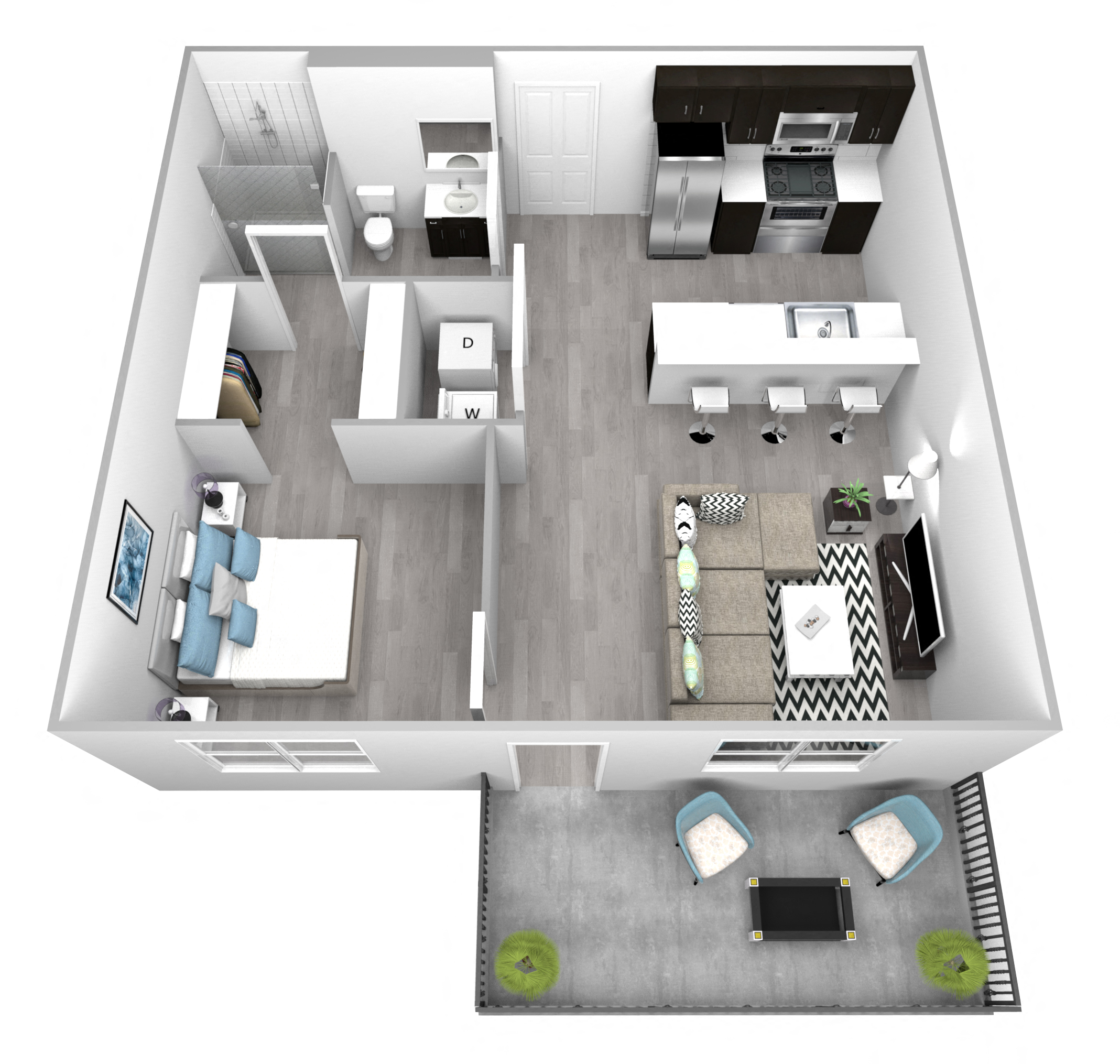 Floor plan for 1 bed, 1 bath, 615 sqft